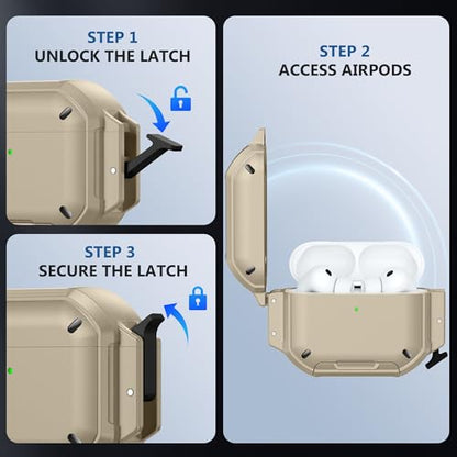 for AirPods Pro 3 Case, IP68 Waterproof Military Grade Protective Cover for AirPods Pro 3rd Gen, Anti-Scratch Hard Shell Cover with Secure Lock, Keychain & Phone Stand (2025), Khaki - color: Khaki
