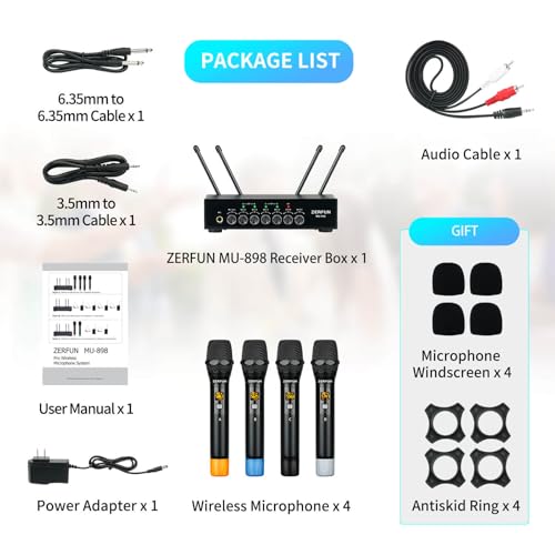 Pro Wireless Microphone System 4 Channel, UHF Metal Cordless Handheld Mics with Echo Bluetooth for Church Karaoke Singing, 4x50 Adjustable Frequency(MU-898 Battery 4 Handheld)