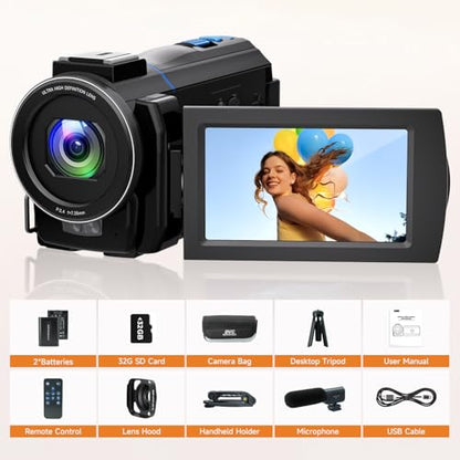 5K Video Camera Camcorder, 64MP UHD Vlogging Camera for YouTube with 16X Zoom, IR Night Vision, 3.0" Touch Screen, Stabilizer, Mic, 2 Batteries+32GB Card, Gift for Dad