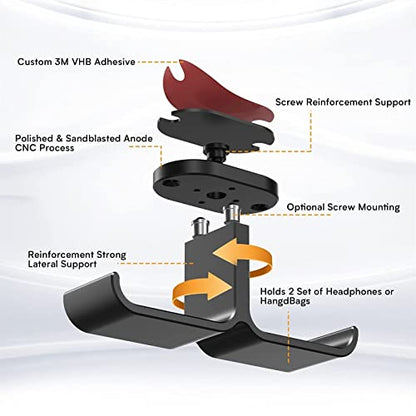 Headphone Stand Headphone Hanger Stand Under Desk Hook 360° Rotation Ball Plunger Hanger Aluminum Stick-On Adhesive Dual Headsets Holder Mount PC Gaming Accessories Headset Holder
