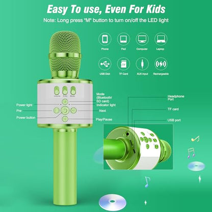 BONAOK Karaoke Microphone for Kids & Adults - Bluetooth Microphones Singing Mic with Disco Lights, Echo Effect, Built-in Speaker Portable Karaoke Player for Party Travel Gifts Q78(Green) - color: Light Green