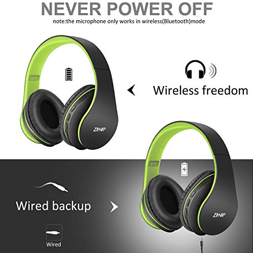ZIHNIC Bluetooth Headphones Over-Ear, Foldable Wireless and Wired Stereo Headset Micro SD/TF, FM for Cell Phone,PC,Soft Earmuffs &Light Weight for Prolonged Wearing(Black/Green) - color: Green