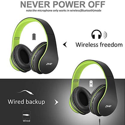 ZIHNIC Bluetooth Headphones Over-Ear, Foldable Wireless and Wired Stereo Headset Micro SD/TF, FM for Cell Phone,PC,Soft Earmuffs &Light Weight for Prolonged Wearing(Black/Green) - color: Green