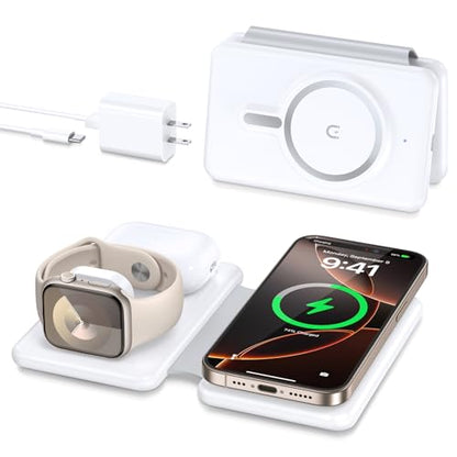 Charging Station for Apple Devices: Magnetic Wireless Charger for iPhone | Charges iPhone 17-12 Watch & AirPods Simultaneously,No Cable Clutter on Desk Bedside,Foldable Compact for Travel, 18W Adapter - color: White