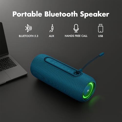 Fisher Portable Bluetooth Speakers IPX5 Waterproof Speaker, 14W Peak Power | Stereo Bluetooth Speaker, RGB Lights, TWS, BT 5.3, Built-in Mic, Hands Free Calling Speakers Bluetooth Wireless, Use Anywhere - color: Navy Blue