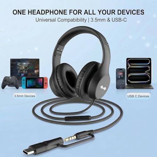 Wired Over-Ear Headphones, Mic, 3.5mm Jack, USB-C Adapter, Black | Foldable over-ear headphones with soft cushions, inline mic, 3.5mm jack, and USB-C adapter for school, office, and travel. - color: Black