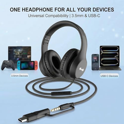 Wired Over-Ear Headphones, Mic, 3.5mm Jack, USB-C Adapter, Black | Foldable over-ear headphones with soft cushions, inline mic, 3.5mm jack, and USB-C adapter for school, office, and travel. - color: Black