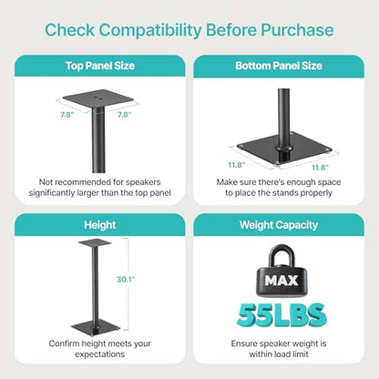 Speaker Stands Pair, 30" Fixed Height, 55lbs Weight Capacity, Glass Base | 11.8" Base, Cable Management, Freestanding Speaker Floor Stand for Surround Sound, Tempered Glass Base