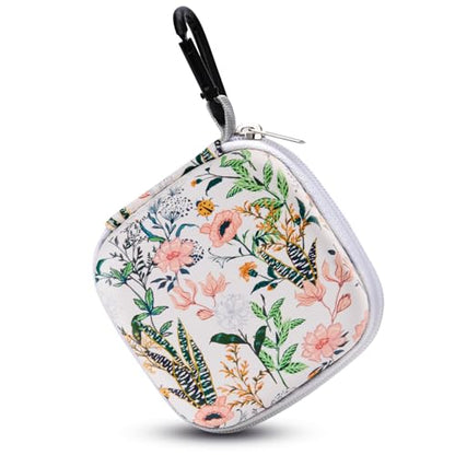 Unique Patterned Portable EVA Earbud Case with Carabiner | Printed Earbud Holder With Sturdy Carabiner, Multi-Use Storage For Earphones, Headphones, SD Cards & Small Electronic Chips - color: White Flowers