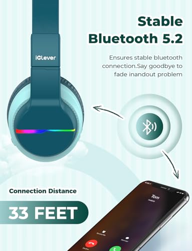 iClever BTH12 Kids Bluetooth Headphones 85H Playtime with LED Lights Travel - color: Malachite Green