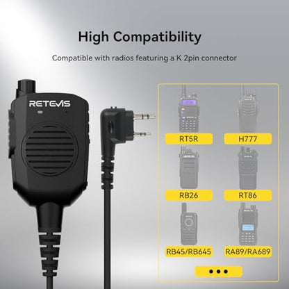 Retevis RT86 AI Noise Reduction Walkie Talkie Speaker Mic, 1 Pack | Kevlar Cable, IP54 Waterproof, for RT22/RT68/RT27/H777/RB26, Compatible with BAOFENG UV-5R/BF-F8HP/5RM, pxton Two Way Radio - style: With AI Noise Reduction