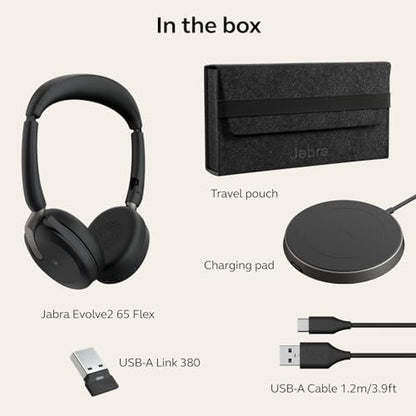 Jabra Evolve2 65 Flex Stereo Headset with Bluetooth, Wireless Charging Pad - Noise-Cancelling ClearVoice Technology & Hybrid Active Noise Cancellation - Certified for Microsoft Teams - Black - color: Teams Certified, size: USB-A & Wireless Charging Pad