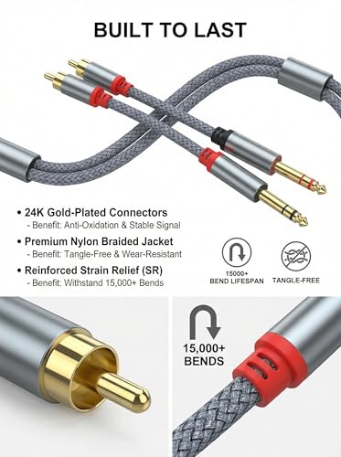 Dual RCA to Dual 1/4 Inch Cable 3.3ft, 2 RCA Male to 6.35mm Male TS Audio Adapter, Gray Nylon Braided Cord for Mixer, Amplifier, Speaker, Powered Subwoofer, Home Theater (1 Meter)