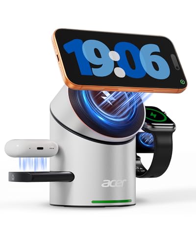 Acer Prime 3 in 1 Charging Station for Apple - Magnetic iPhone Wireless Charging Station, Magsafe Charger Stand for iPhone 17 16 15 14 13 12 - Apple Watch - Airpods Series (Charger & USB-C Included)