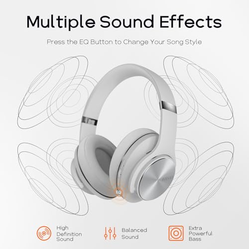 DOQAUS Bluetooth Headphones Over Ear, 90H Playtime, 3EQ Mode, with ENC Mic | Hifi Stereo Sound, Lightweight, Headphones Wireless with Soft Memory Foam Earpads, Deep Bass for Home Office Cellphone PC - color: Light Grey