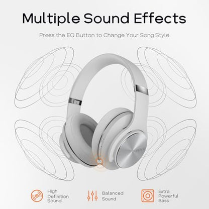 DOQAUS Bluetooth Headphones Over Ear, 90H Playtime, 3EQ Mode, with ENC Mic | Hifi Stereo Sound, Lightweight, Headphones Wireless with Soft Memory Foam Earpads, Deep Bass for Home Office Cellphone PC - color: Light Grey