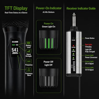 U3 UHF Dual Channel Wireless Microphone System for Karaoke, Church, Stage and PA Speaker, 2 Handheld Mics with 6.35mm Plug-in Rechargeable Receiver, 30m Range