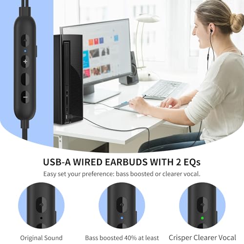 APETOO USB Earbuds Computer Headphones with 2 EQs -Bass Boost & Clear Vocal | Wired Earphones Mic & Volume Control, Mute Button, HiFi Stereo, 7.5ft Long Cord USB-A Ear Buds for Dell HP Surface PC Office