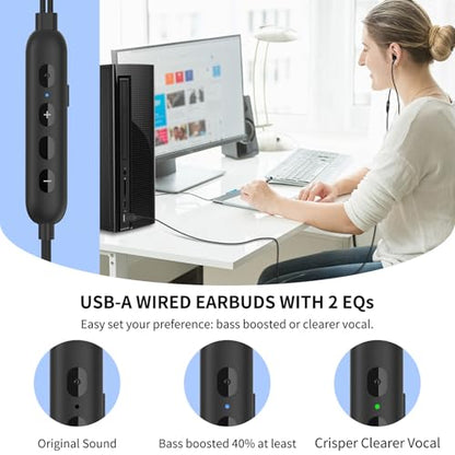 APETOO USB Earbuds Computer Headphones with 2 EQs -Bass Boost & Clear Vocal | Wired Earphones Mic & Volume Control, Mute Button, HiFi Stereo, 7.5ft Long Cord USB-A Ear Buds for Dell HP Surface PC Office