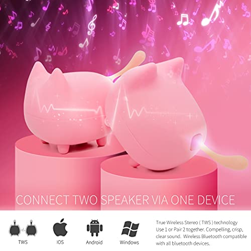 gingo Portable Bluetooth Speaker, Mini Wireless Speakers with Clarity Stereo, Built-in Mic, Super Bass, Powerful Rich Room-Filling Sound, Cute Pet Mini Bluetooth Speaker for Kids (Pink*2) | Cat-shaped silicone tail, 40H playtime, TWS pairing, hands-free m