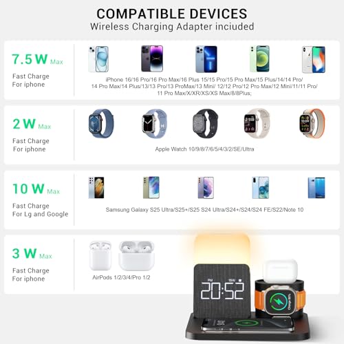 7 in 1 Charging Station for iPhone, Wireless Charging Station, Alarm Clock, Night Light, Wireless Charger for iPhone 17 16 15 14 13 12 Pro Max & Apple Watch - Charging Stand Dock for AirPods(Black) - color: Black