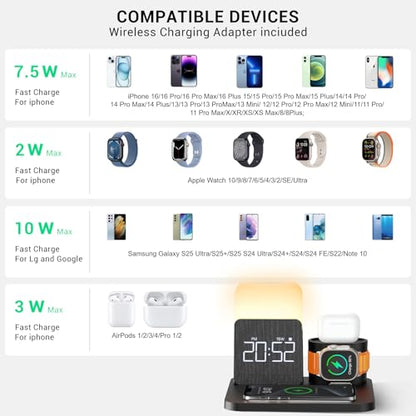 7 in 1 Charging Station for iPhone, Wireless Charging Station, Alarm Clock, Night Light, Wireless Charger for iPhone 17 16 15 14 13 12 Pro Max & Apple Watch - Charging Stand Dock for AirPods(Black) - color: Black