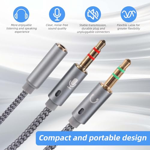 2pcs 2-in-1 Headphone & Microphone Splitter Cable, 3.5mm/0.14in Female to Dual 3.5mm/0.14in Male Audio Adapter Black & Gray Y-Splitter for Gaming Headset PC Laptop Computer Speaker
