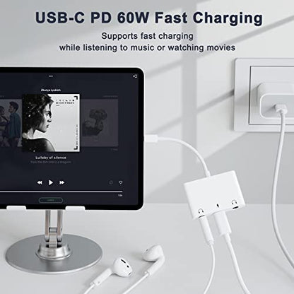 UWECAN USB C to 3.5mm Audio Adapter, 3 in 1 Aux to USB C Headphone Splitter Dual 3.5mm Audio Jack and PD 60W Fast Charging, Compatible for iPhone 15 16,Galaxy S22 S21/Note 20,Pixel 4 3 XL,Huawei,etc - color: White