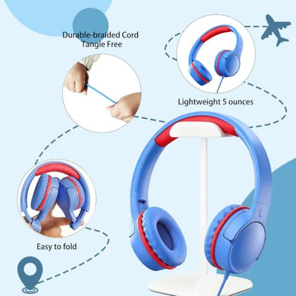 Kids Headphones with Mic, 85/94dB Volume Limit, 3.5mm & USB-C - color: Blue Lemon