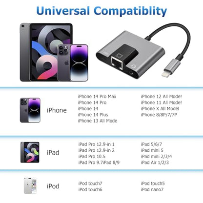 Lightning to RJ45 Ethernet Adapter Network Adapter, Support 10/100Mbps Ethernet Network, with Lightning Charge Port and 3.5mm Audio Jack, Compatible with iPhone 14 13 12 11/iPad - size: Lightning