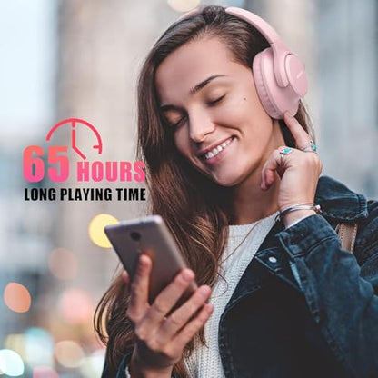 KVIDIO Bluetooth Headphones Wireless Over Ear Headsets 65H Playtime | Deep Bass, HiFi Stereo, Bluetooth 6.0, Microphone, Comfortable Fit, Foldable, Lightweight, Low Latency for Travel Home Office - color: Pink