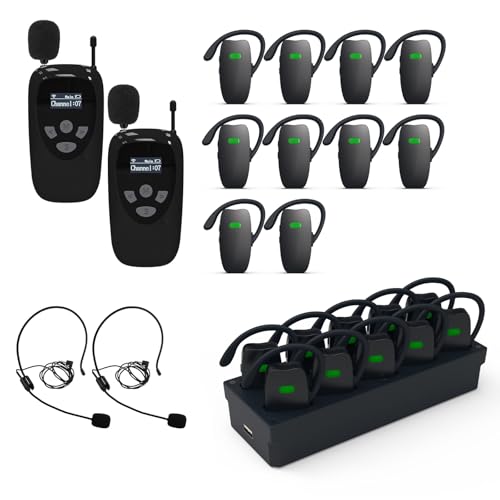 Wireless Tour Guide System, 2 Transmitters 10 Receivers | Tour Guide Headsets, 10-Slot Charge Base, Tour Guide Microphone and Speaker, For Tours Museum Factory School