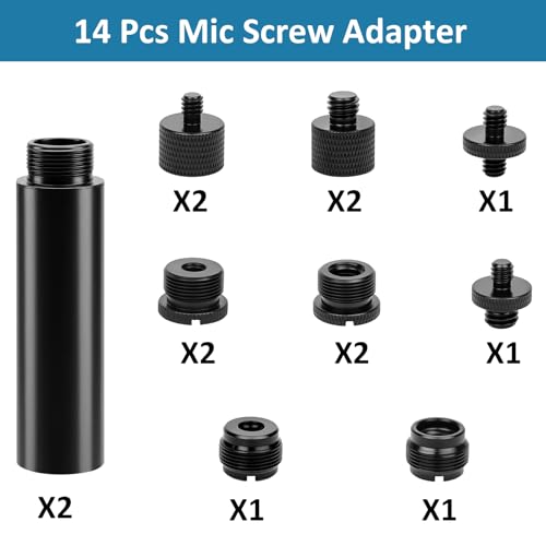 14 Pcs Mic Stand Adapter Set with 2 Extension Tubes, 1/4 to 5/8 & 3/8 to 5/8 Threaded Screw Mount for Microphone Boom Arm, Camera Tripod, Shock Mount(Black)