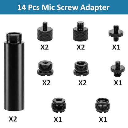 14 Pcs Mic Stand Adapter Set with 2 Extension Tubes, 1/4 to 5/8 & 3/8 to 5/8 Threaded Screw Mount for Microphone Boom Arm, Camera Tripod, Shock Mount(Black)