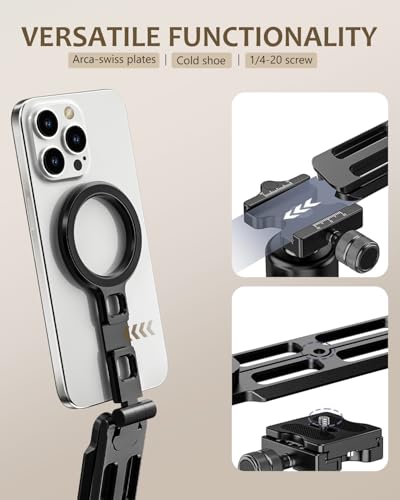 UBeesize Foldable Magnetic Phone Tripod Stand for iPhone Vlogging | 20 N52 Strong Magnets, Cold Shoe & 1/4" Screw