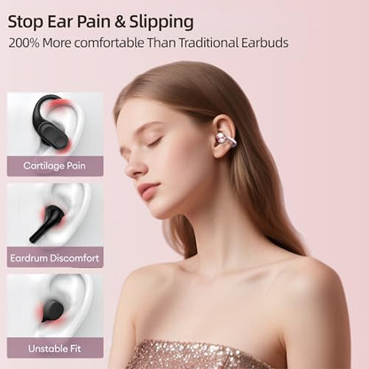 HJX 3rd Gen Clip On Earbuds, Open Ear Bluetooth 6.0 Wireless Headphones with Mic, Freeclip Secure Fit for Small Ears and Glasses,Running Ear Buds for Work Out,50H Playtime, ENC, IPX7 Waterproof,Pink - color: Pink