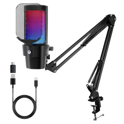 VCOM Gaming USB Microphone,Condenser Dynamic Boom Arm Mic for Podcasting,Streaming, with Boom Arm Stand,Quick Mute,Pop Filter,RGB Indicator,Shock Mount,Rotate gain Button, Compatible with PS4/5/PC