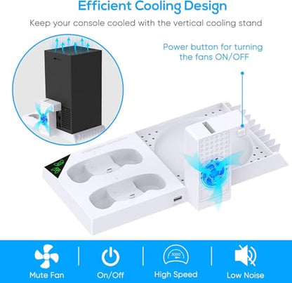 YUANHOT Vertical Xbox Series X Cooling Stand, Fan & 2-Battery Charger Dock | Includes 2*1400mAh rechargeable batteries, headset & disc storage,vertical fan cooling for Xbox Series X console & controller - color: White