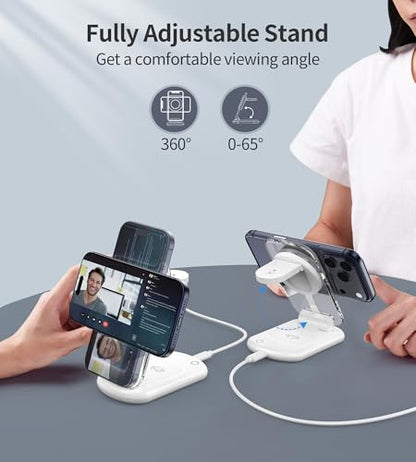 3 in 1 Magnetic Wireless Charging Station for Apple Devices | Fast Travel Charger Stand with Night Light for MagSafe-enabled iPhone 17 16 15 14 13 12 Series, Apple Watch/AirPods Pro, WH - color: White