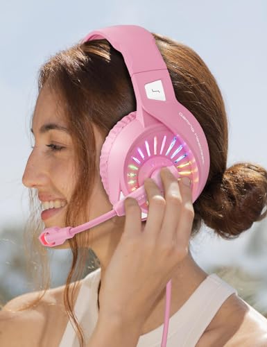 ZIUMIER Wired Pink Gaming Headset for PC, PS5, PS4, Xbox Series X|S | 노이즈 캔슬링 마이크, LED RGB 조명, 50mm 드라이버, 3.5mm 오디오 잭, 소프트 메모리 폼, 멀티 플랫폼 헤드폰 - color: 핑크