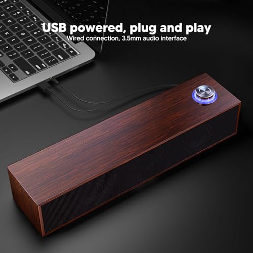 Diyeeni Wooden Computer Speaker, USB Powered PC Speakers, HiFi Stereo Sound Computer Sound Bar for Desktop Laptop, with Volume Knob, 3.5mm AUX Plug & Jack, 1.2m Cable