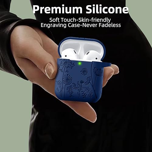 Lerobo for AirPod Case 2nd/1st Generation with Keychain | Flower Engraved Silicone Protective Cover for AirPods 2 Case, Wireless Charging, Led Visible, One-piece Design, Midnight Blue - color: Midnight Blue