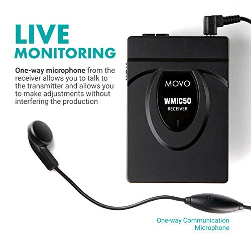 Movo WMIC50 2.4GHz Wireless Lavalier Microphone System with Integrated 164-foot Range Antenna (Includes Transmitter with Belt Clip, Receiver with Camera Shoe, Lapel Mic and 2 Earphones)