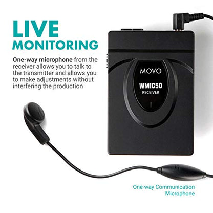 Movo WMIC50 2.4GHz Wireless Lavalier Microphone System with Integrated 164-foot Range Antenna (Includes Transmitter with Belt Clip, Receiver with Camera Shoe, Lapel Mic and 2 Earphones)
