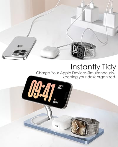 3 in 1 Wireless Charging Station for Apple Devices with MagSafe | For iPhone 17/Air/16/15/14/13/12, AirPods & Apple Watch, Foldable Portable Aluminum Charging Stand, Adapter Included - color: Blue
