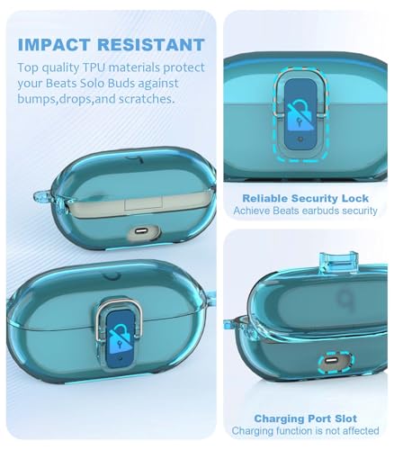 [Upgrade Secure Lock] for Beats Solo Buds 2024 Case Cover with Cleaner Kit, AGENTNANO Clear TPU Shockproof Protective Cover Compatible with Beats Solo Buds Charging Case with Carabiner-Clear Blue - color: Clear Bule
