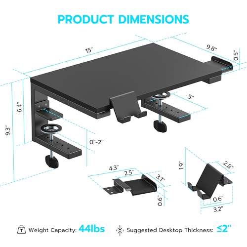 ARES WING Clamp-On 15" 3-in-1 Heavy Duty Desk Shelf Extender Black | Phone Headset holder Clamp Desk Extender Shelf,Desktop Organizer for Gaming and Office Accessories - size: 15“, style: with hooks