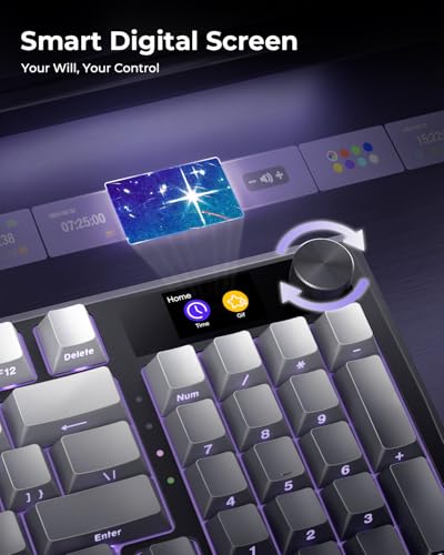 Redragon Wireless Mechanical Keyboard, Gasket RGB Gaming Keyboard with Screen & Knob, Tri-Mode BT5.0/2.4G/USB-C, 95 Keys Hot Swappable, Side Printed PBT Keycaps, Thick Pre-Lubed Linear Switch, K725SP - color: Grey