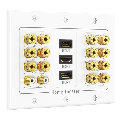 Cable Matters Triple Gang 7.2 Speaker Wall Plate with HDMI, White | HDMI Pass-through, Gold-Plated Binding Posts, Banana Plug Compatible, for Home Theater Wiring - style: 7.2-Speaker w/ HDMI
