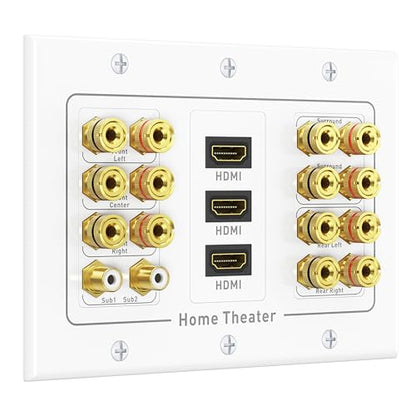 Cable Matters Triple Gang 7.2 Speaker Wall Plate with HDMI, White | HDMI Pass-through, Gold-Plated Binding Posts, Banana Plug Compatible, for Home Theater Wiring - style: 7.2-Speaker w/ HDMI